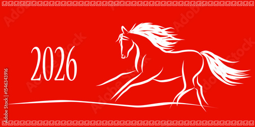 Line Wild Horse Portrait. Lunar New Year Calendar Mascot Animal Art. Horse Outline Ink Silhouette Sketch Drawn. Hand Crafted China Zodiac Sign Contour. Greeting Gift Card Decoration Design. 