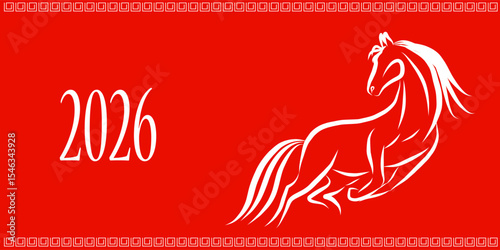 Line Wild Horse Portrait. Lunar New Year Calendar Mascot Animal Art. Horse Outline Ink Silhouette Sketch Drawn. Hand Crafted China Zodiac Sign Contour. Greeting Gift Card Decoration Design. 