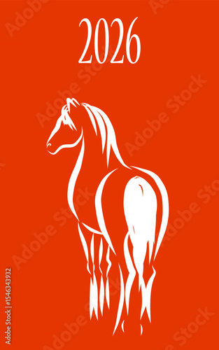 Line Wild Horse Portrait. Lunar New Year Calendar Mascot Animal Art. Horse Outline Ink Silhouette Sketch Drawn. Hand Crafted China Zodiac Sign Contour. Greeting Gift Card Decoration Design. 