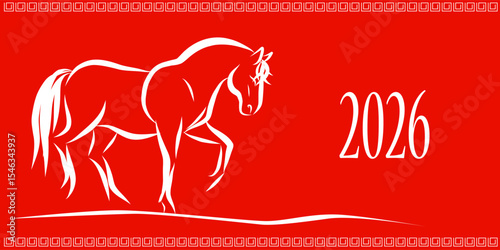 Line Wild Horse Portrait. Lunar New Year Calendar Mascot Animal Art. Horse Outline Ink Silhouette Sketch Drawn. Hand Crafted China Zodiac Sign Contour. Greeting Gift Card Decoration Design. 