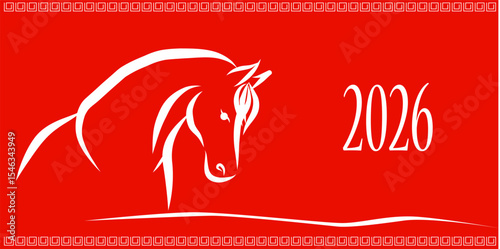 Line Wild Horse Portrait. Lunar New Year Calendar Mascot Animal Art. Horse Outline Ink Silhouette Sketch Drawn. Hand Crafted China Zodiac Sign Contour. Greeting Gift Card Decoration Design. 