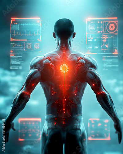 Biohacking technology longevity. Futuristic human with health interface technology concept image.