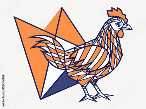 geometric chicken with orange and midnight blue stipe, Geometric Chicken Standing Illustration — Bold Vector Artwork Featuring Angular Polygon Shapes and a Dynamic Orange-Midnight Blue Color Scheme