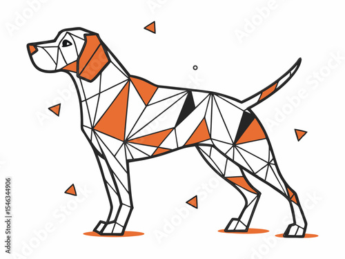 geometric dog with orange and black stripes, Geometric Dog Standing Vector Illustration — Bold and Modern Pet Design Featuring Angular Shapes, Orange and Midnight Blue Color Palette