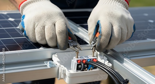 Installing Solar Panel System with Hand Tools and Protective Gloves