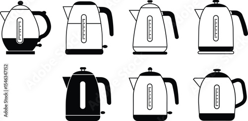 Modern electric kettle icons, kitchen appliance design set, vector illustration of stylish tea kettles, black and white silhouette graphics.