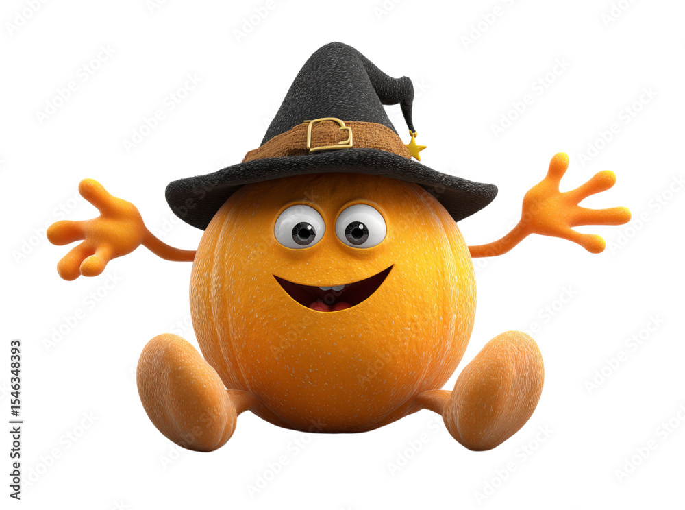 Fototapeta premium Happy halloween pumpkin cartoon character witch hat, Isolated On White, Png Transparent
