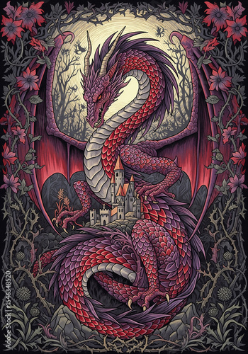Regal Dragon Guarding a Castle, Arts and Crafts Mythical Beast with Gothic Floral Motifs, Fantasy Tapestry Illustration