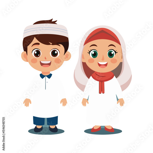 Adorable Muslim Children in Traditional Clothing Illustration