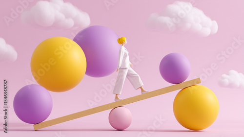 3D illustration of a woman walking on a wooden plank balanced on pastel spheres in a surreal pink environment.