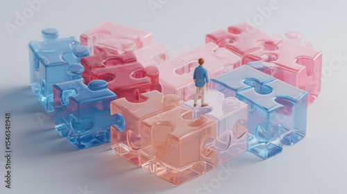 A small figure stands among colorful transparent puzzle blocks in a minimal, conceptual business setting.
