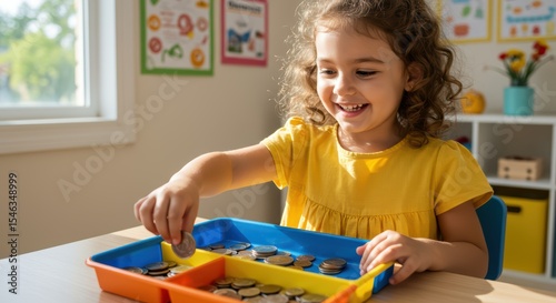 Young Girl Practicing Early Math Skills by Sorting Coins During Homeschooling Activity