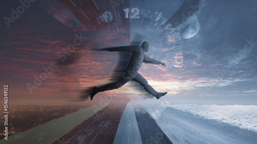 A dynamic human figure runs through a distorted digital clock landscape, merging day and night in a conceptual time shift.
