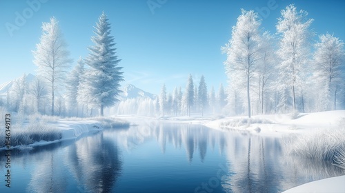 A snowy landscape with a body of water and trees in the background