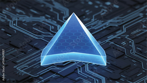 Glowing Blue Crystal Pyramid on Circuit Board Digital Illustration