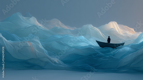 A person stands in a small wooden boat surrounded by abstract, icy-blue waves in a surreal frozen seascape.