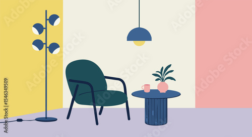 Scandinavian Style Living Space Flat Vector Graphic, Mid-Century Modern Furniture