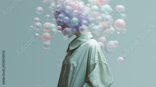 Stylized 3D portrait of a pensive figure surrounded by floating translucent bubbles, representing anxiety, overthinking, and emotional overload.