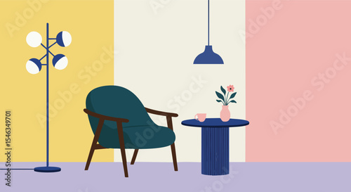 Nordic Design Room Flat Vector Illustration, Clean Geometric Shapes