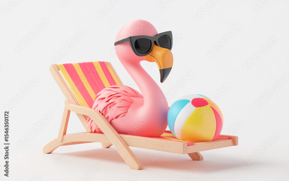 Obraz premium 3D illustration of a cute pink flamingo wearing sunglasses and holding a beach ball, sitting next to a deck chair on a white background