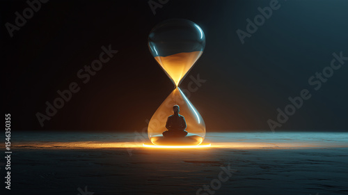 Minimalist 3D render of a person meditating inside a glowing hourglass, symbolizing mindfulness, time perception, and inner stillness.