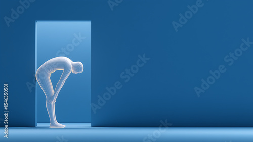 Stylized 3D render of a translucent human figure bent over inside a glowing doorway. A metaphor for emotional pressure, introspection, and searching for escape.