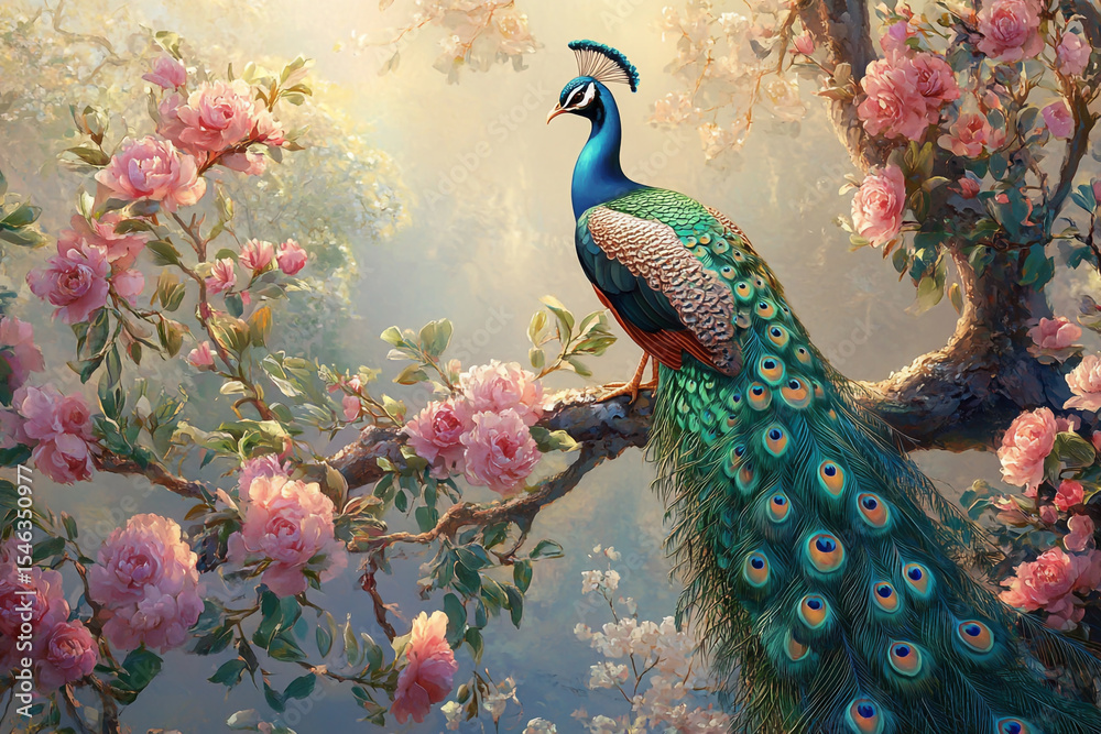 Fototapeta premium 3D wallpaper, a peacock sitting on a tree with flowers, a fantasy background for wall painting