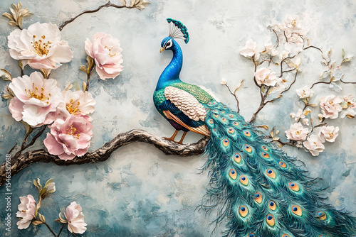 Fototapeta Naklejka Na Ścianę i Meble -  3D wallpaper, a peacock sitting on a tree with flowers, a fantasy background for wall painting