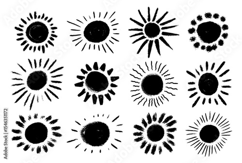 Set of crayon drawn sun icons. Naive kids drawing, doodle sun, crayon pencil. Hand drawing chalk scribble. Vector texture elements for kids zone, kindergarten design, childish banners. Freehand shapes