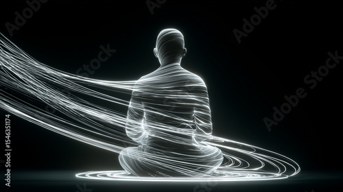 A serene 3D illustration of a seated human figure surrounded by glowing light trails, symbolizing meditation, energy, and inner peace. Ideal for wellness, spiritual, and futuristic themes.