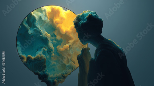 3D stylized artwork of a statue-like figure gazing into a surreal mirror filled with fluid, abstract patterns. Ideal for concepts of reflection, mystery, and transformation.