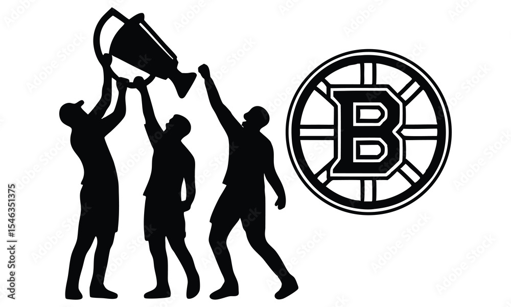Three silhouettes of athletes celebrating victory with a trophy and boston bruins logo