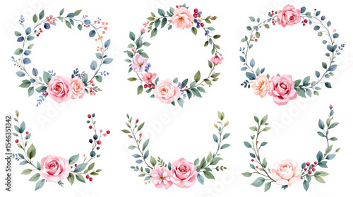 Watercolor summer set wreath of wildflowers Botanical colorful illustration