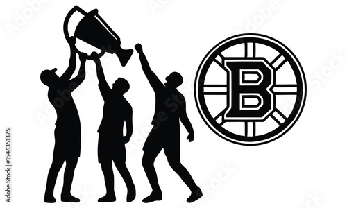 Three silhouettes of athletes celebrating victory with a trophy and boston bruins logo
