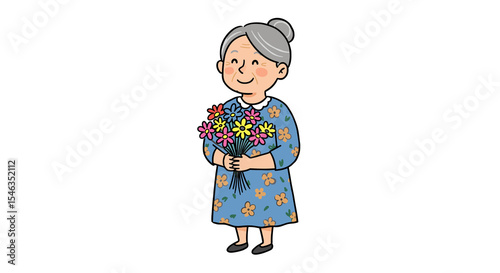 Smiling elderly woman holding bouquet of flowers on white background
