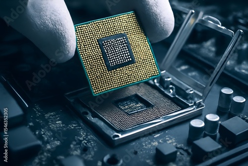 Central Processing Unit (CPU) Replacement by a repairman maintenance, updating the motherboard's hardware, microprocessor chipset, electronic engineering,
