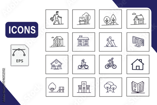 Collection of Line Icons Houses, Nature, People, and Activities