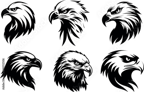 Black and White eagle Head icon set– Minimalist Line Art Vector Illustration for Logo or Print Design