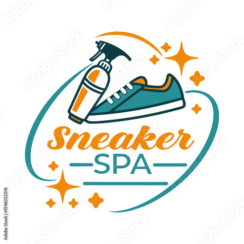 Colorful Sneaker Spa Logo Featuring Footwear and Cleaning Spray
