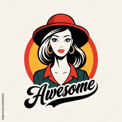 Retro Styled Illustration of a Woman Wearing a Hat with 'Awesome' Text Design