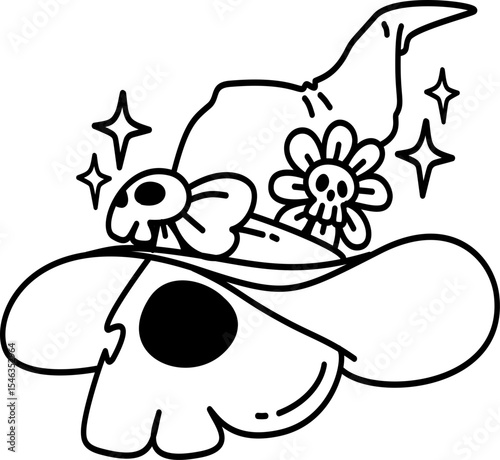 Hand drawn Halloween Skull with Witch Hat  doodle outline illustration