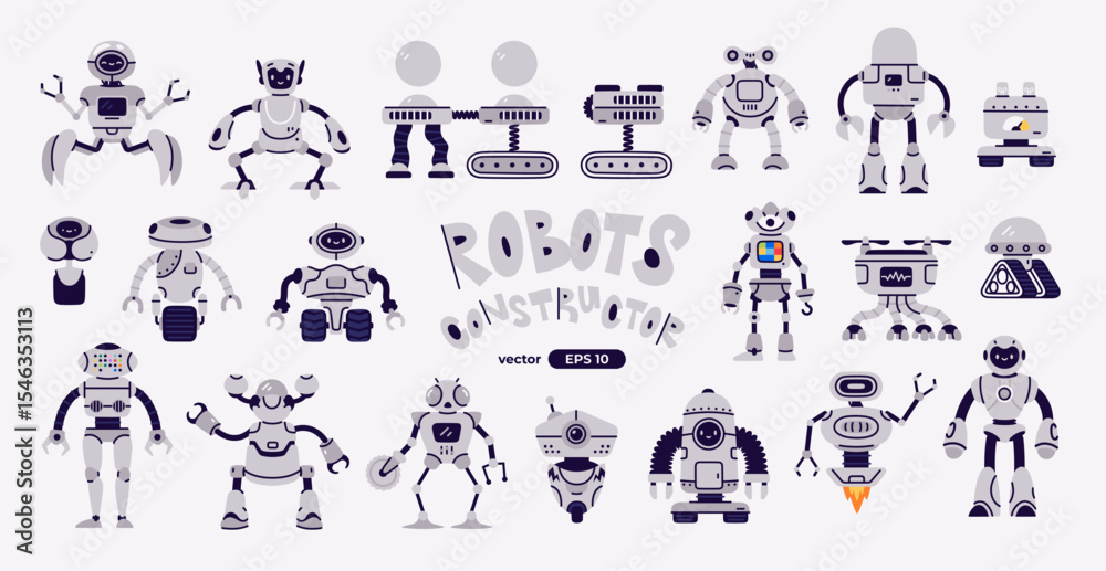Fototapeta premium Vector set of bright and colorful robot parts. Unique elements to create fun and creative robots, perfect for design projects, kids’ games, educational materials, and imaginative construction kits.