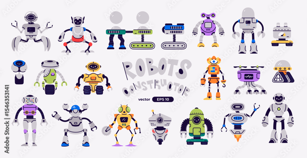 Fototapeta premium Vector set of bright and colorful robot parts. Unique elements to create fun and creative robots, perfect for design projects, kids’ games, educational materials, and imaginative construction kits.