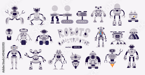 Vector set of bright and colorful robot parts. Unique elements to create fun and creative robots, perfect for design projects, kids’ games, educational materials, and imaginative construction kits.