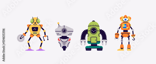 Vector set of bright and colorful robot parts. Unique elements to create fun and creative robots, perfect for design projects, kids’ games, educational materials, and imaginative construction kits.