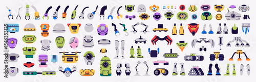 Vector set of bright and colorful robot parts. Unique elements to create fun and creative robots, perfect for design projects, kids’ games, educational materials, and imaginative construction kits.