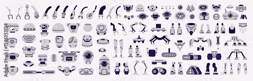 Vector set of bright and colorful robot parts. Unique elements to create fun and creative robots, perfect for design projects, kids’ games, educational materials, and imaginative construction kits.