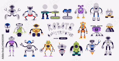 Vector set of bright and colorful robot parts. Unique elements to create fun and creative robots, perfect for design projects, kids’ games, educational materials, and imaginative construction kits.