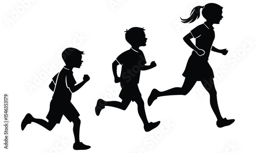 Silhouette of three children running energetically outdoors