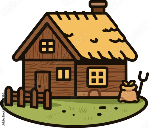 Rustic Farmer's Wooden House with Thatched Roof and Garden – Countryside Illustration Vector